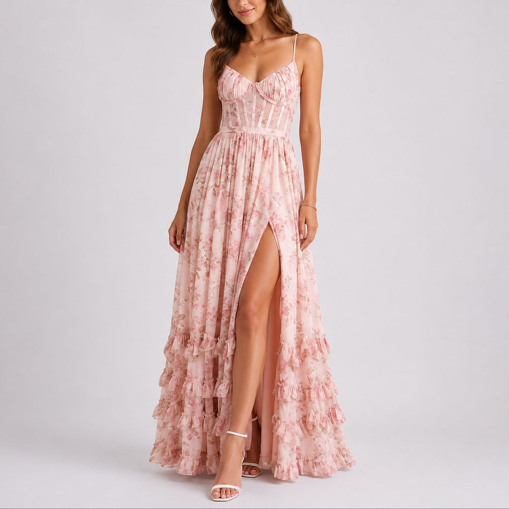 Women's Floral Corset Maxi Fall Wedding Guest Dress Ruffled - Pink