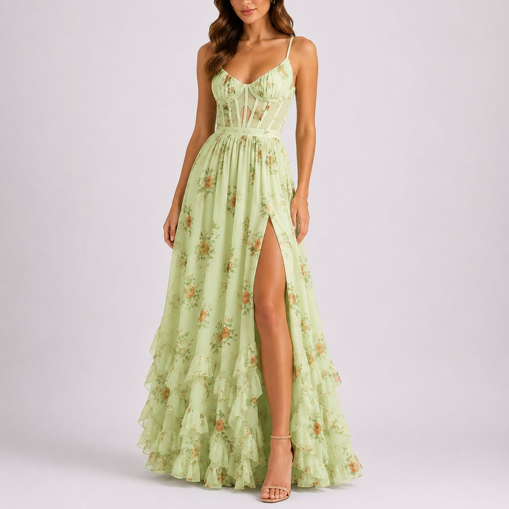 Women's Floral Corset Maxi Fall Wedding Guest Dress Ruffled - Green