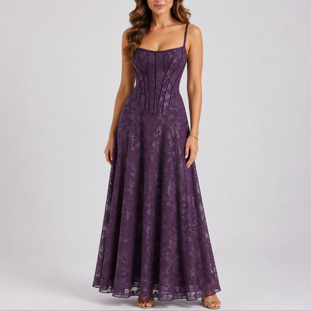 Women's Floral Corset Maxi Fall Wedding Guest Dresses Spaghetti Strap - Purple