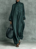 Women's Floral Embroidered High-Neck Maxi Long Sleeve Dress