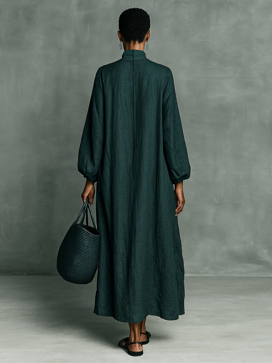 Women's Floral Embroidered High-Neck Maxi Long Sleeve Dress
