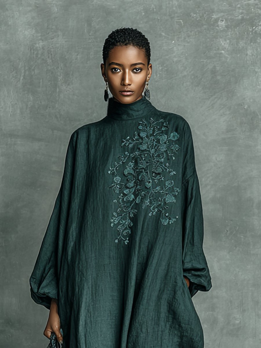 Women's Floral Embroidered High-Neck Maxi Long Sleeve Dress