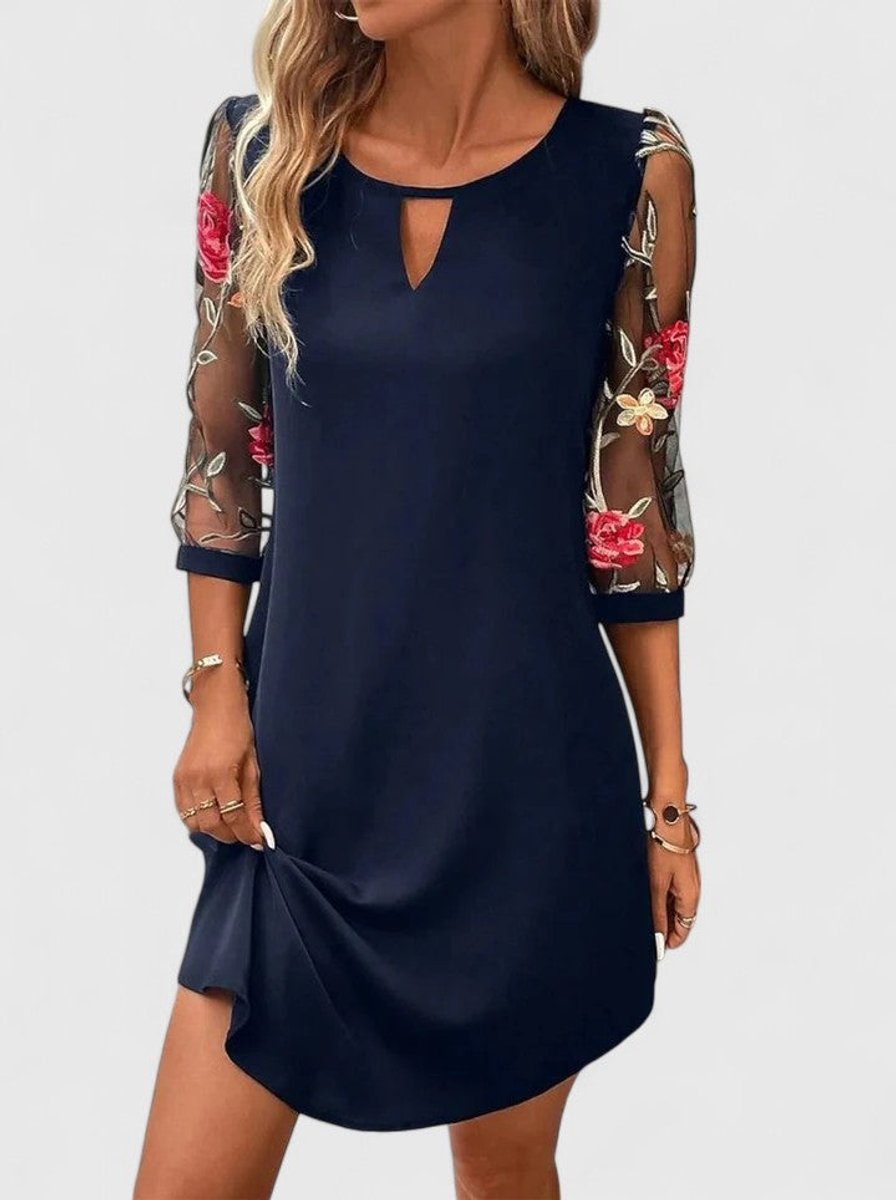 Women's Floral Embroidered Mesh-Sleeve Mini Shift Dress - Navy Blue