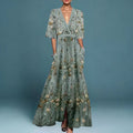 Women's Floral Embroidered V-Neck Maxi Formal Dresses - Blue
