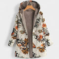 Women's Floral Fleece-Lined Hooded Winter Parka Coat - Beige Orange
