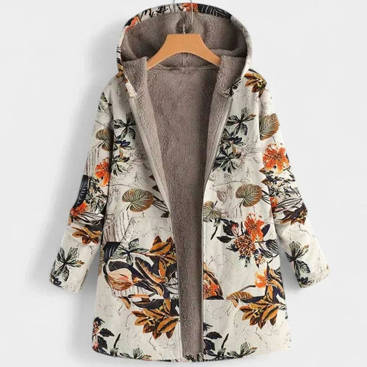 Women's Floral Fleece-Lined Hooded Winter Parka Coat - Beige Orange