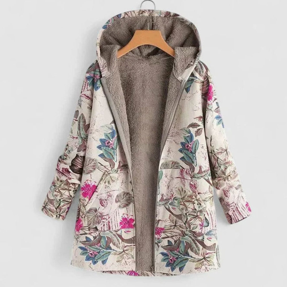 Women's Floral Fleece-Lined Hooded Winter Parka Coat - Floral Beige