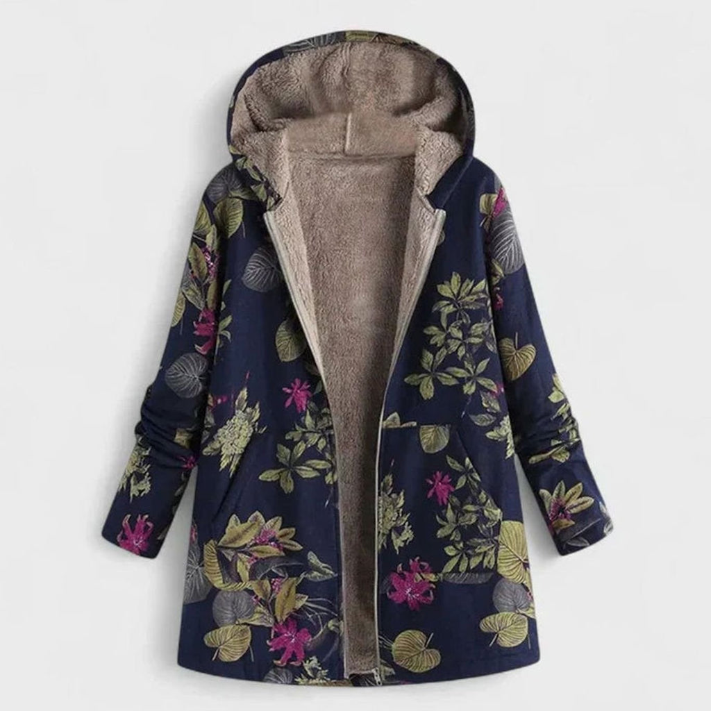 Women's Floral Fleece-Lined Hooded Winter Parka Coat - Dark Blue