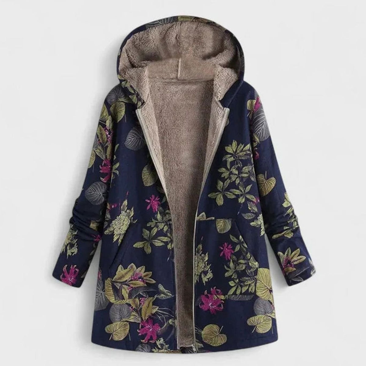 Women's Floral Fleece-Lined Hooded Winter Parka Coat - Dark Blue