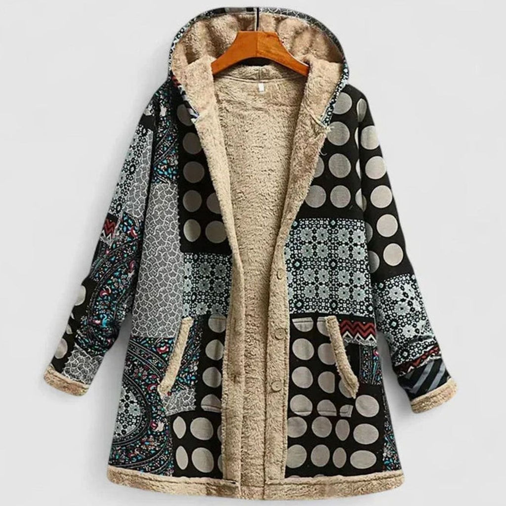 Women's Floral Fleece-Lined Hooded Winter Parka Coat - Black Gray
