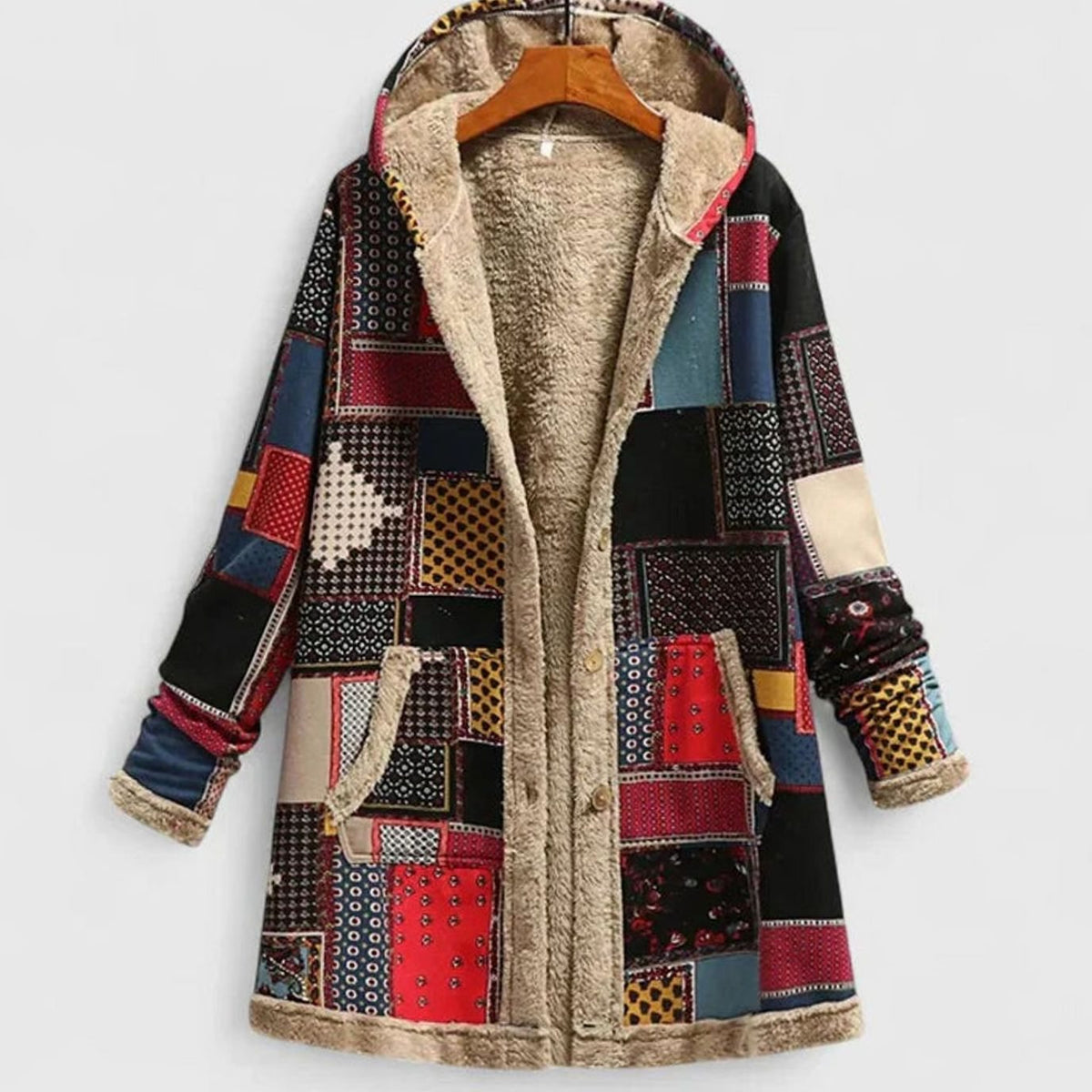 Women's Floral Fleece-Lined Hooded Winter Parka Coat - Red