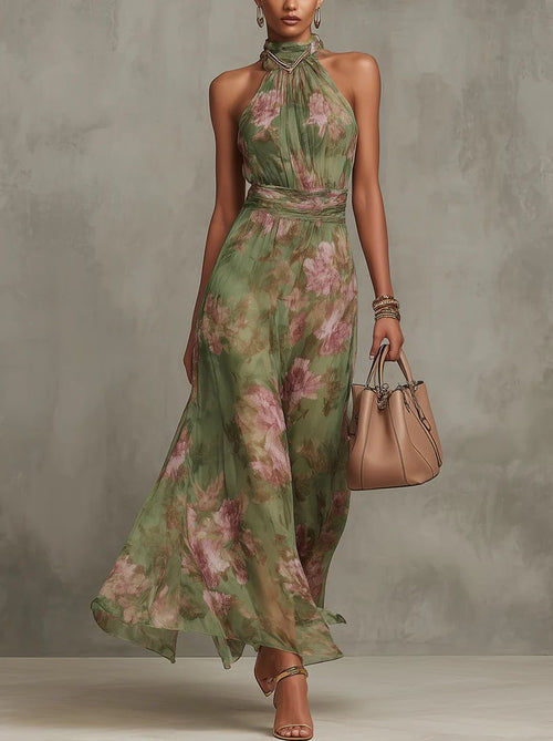 Women's Floral Halter Neck Sleeveless Maxi Dress - Green