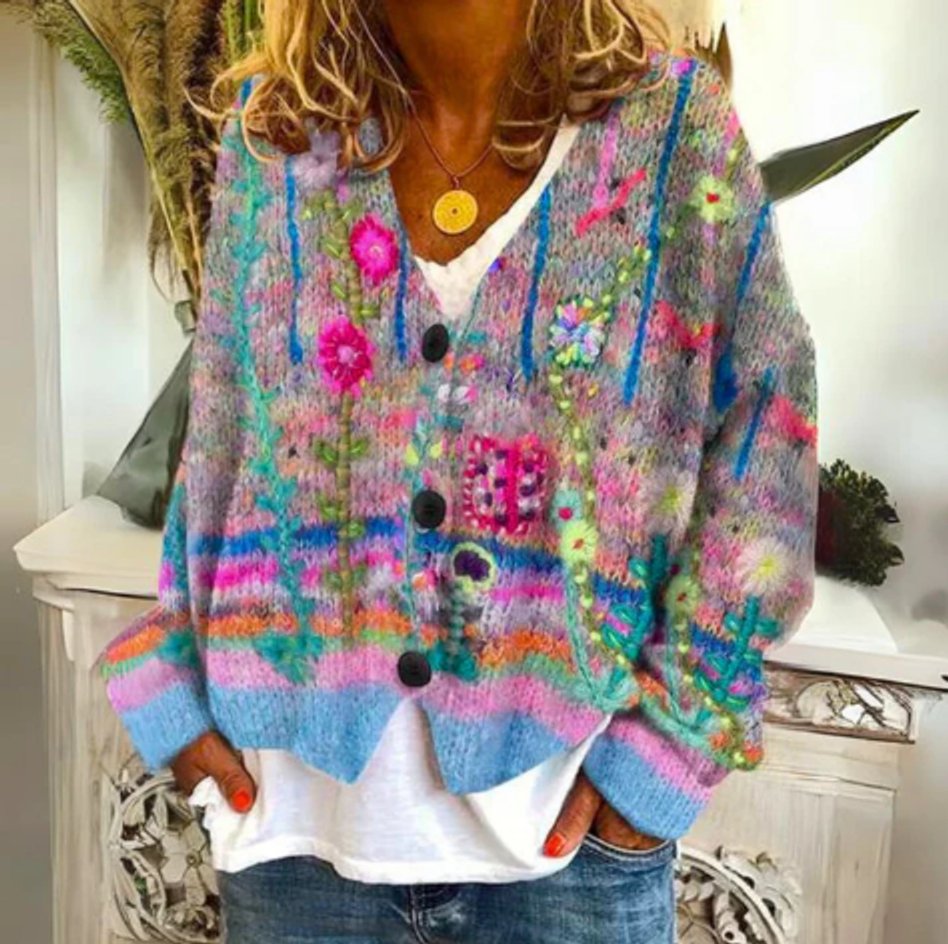 Women's Floral Knit Button-Front Cardigan Sweater - Blue