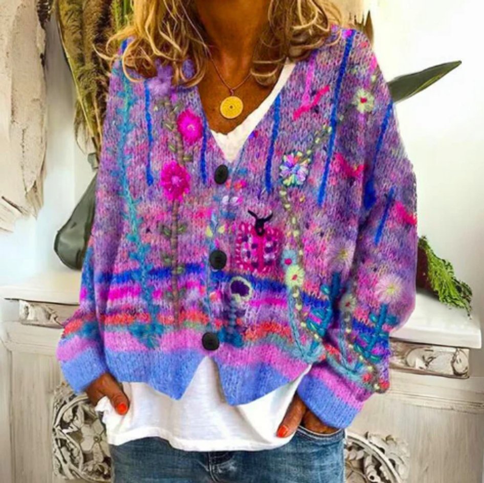 Women's Floral Knit Button-Front Cardigan Sweater - Violet