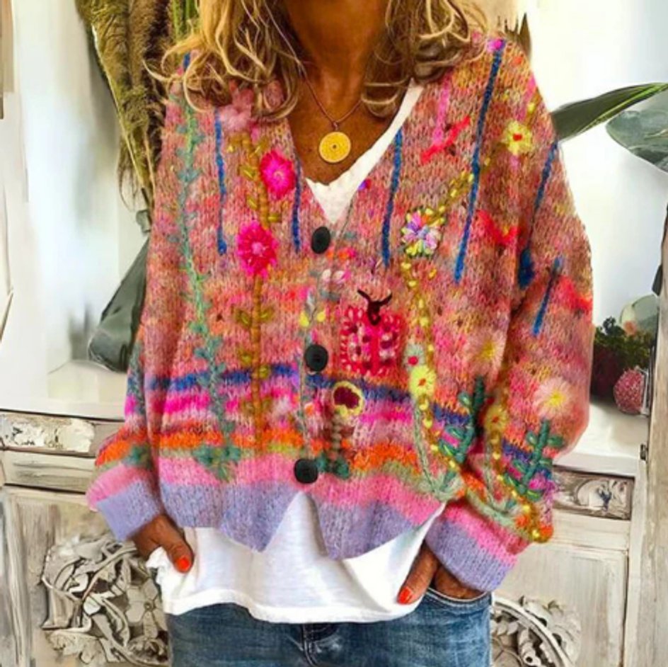 Women's Floral Knit Button-Front Cardigan Sweater - Red