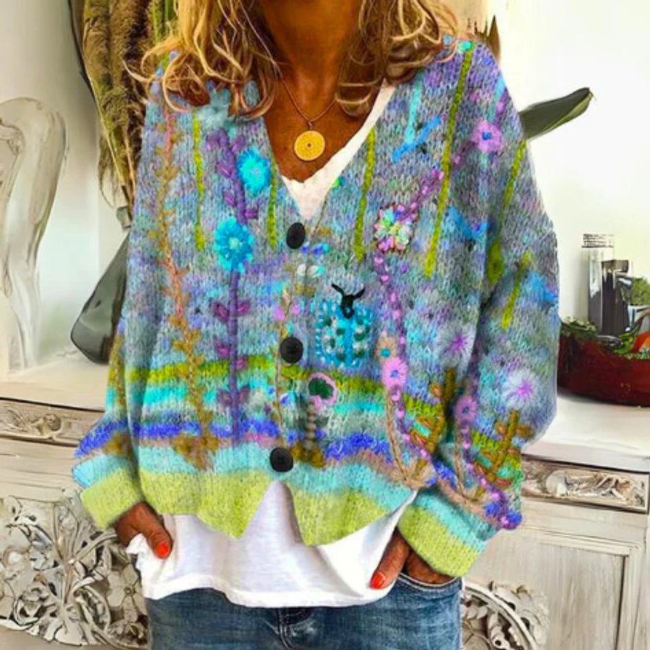 Women's Floral Knit Button-Front Cardigan Sweater - Green
