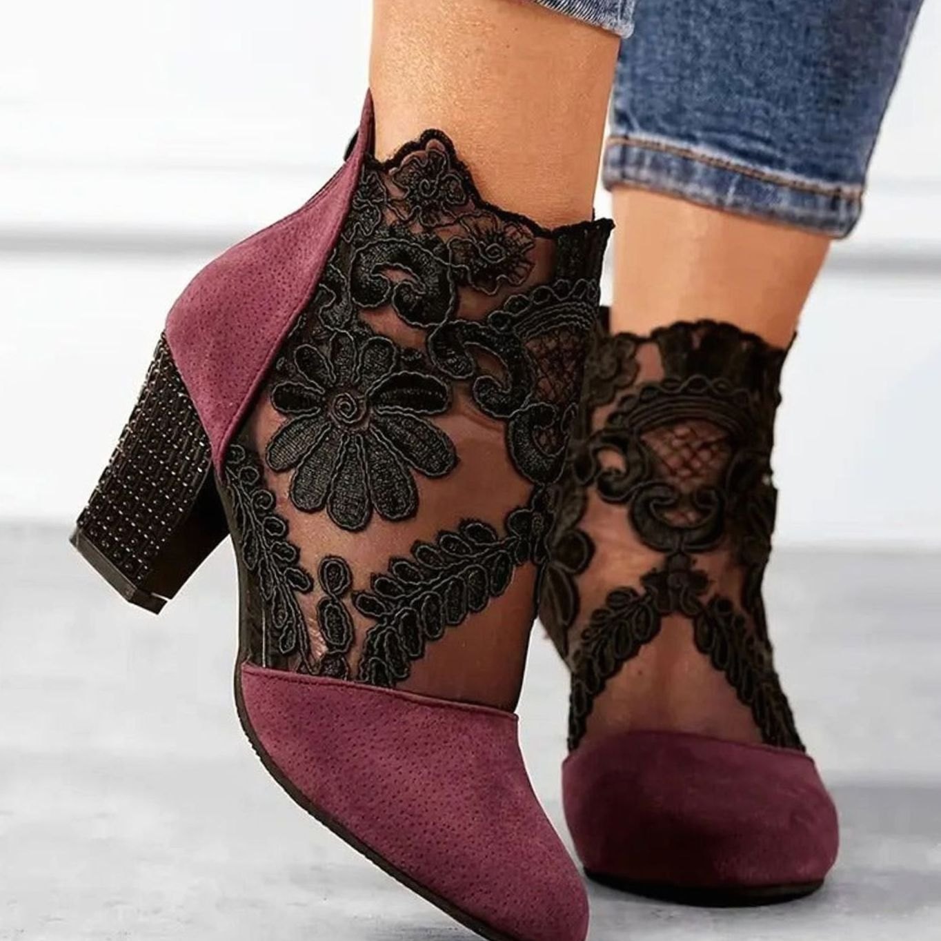 Women's Floral Lace Ankle Booties Block Heels - Red