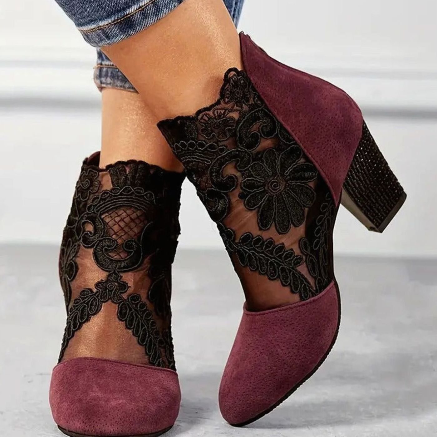 Women's Floral Lace Ankle Booties Block Heels