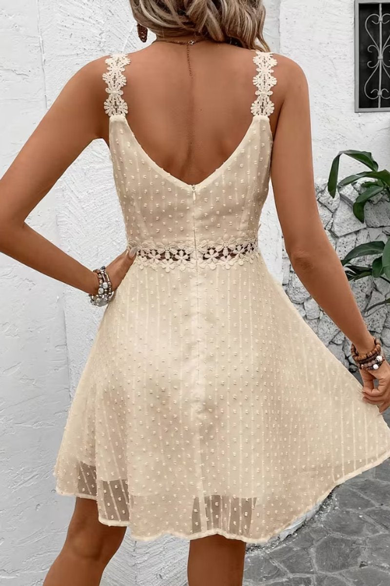 Women's Floral Lace Spaghetti Strap Swiss Dot Cocktail Dress