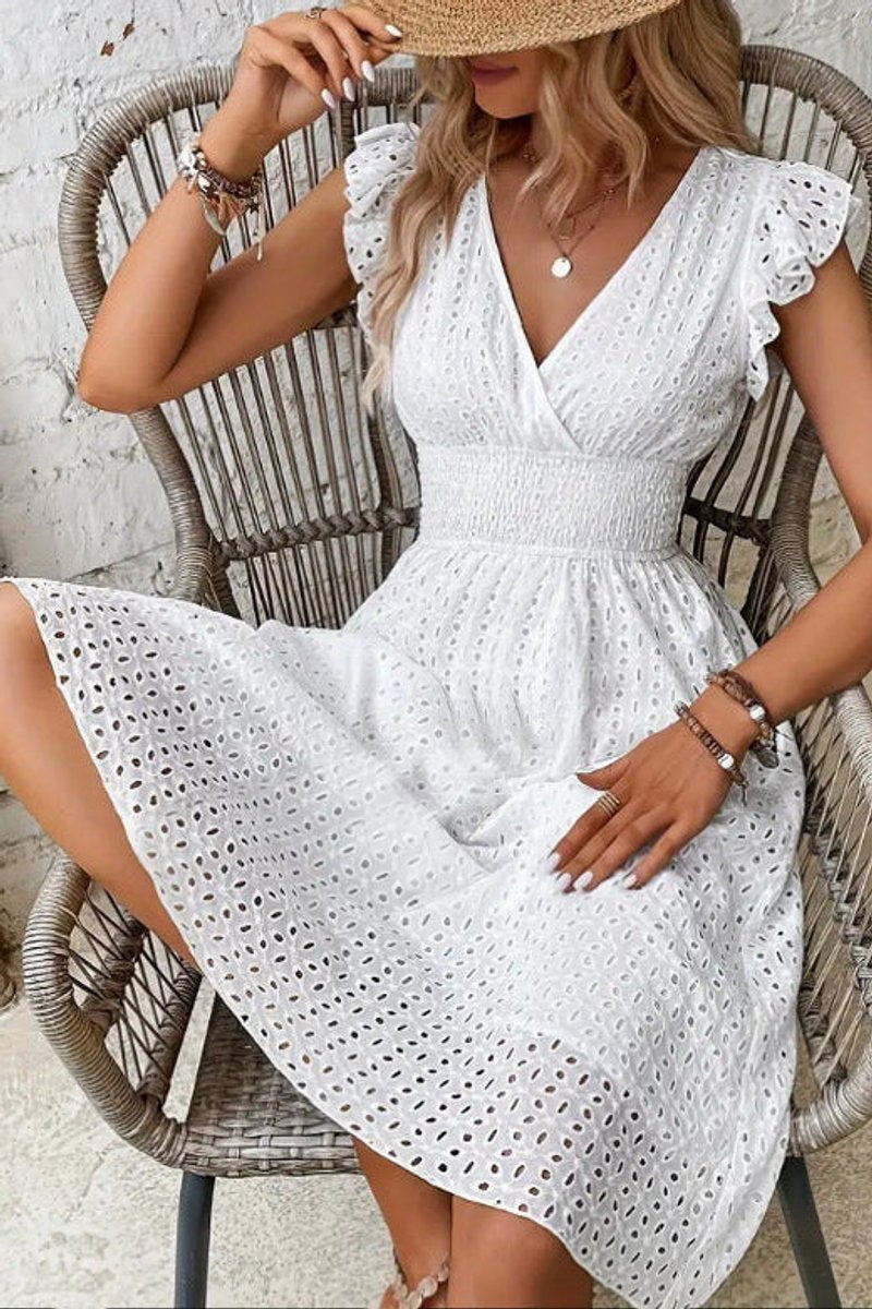 Women's Floral Lace Spaghetti Strap Swiss Dot Cocktail Dress - White