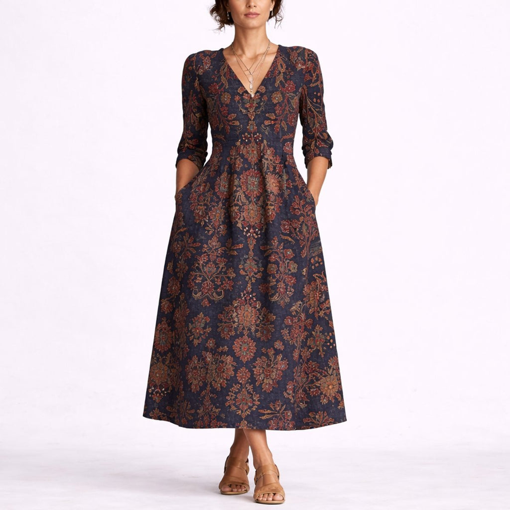 Women's Floral Linen Midi Fall Wedding Guest Dress V-Neck A-Line - Multicolor