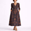 Women's Floral Linen Midi Fall Wedding Guest Dress V-Neck A-Line - Multicolor