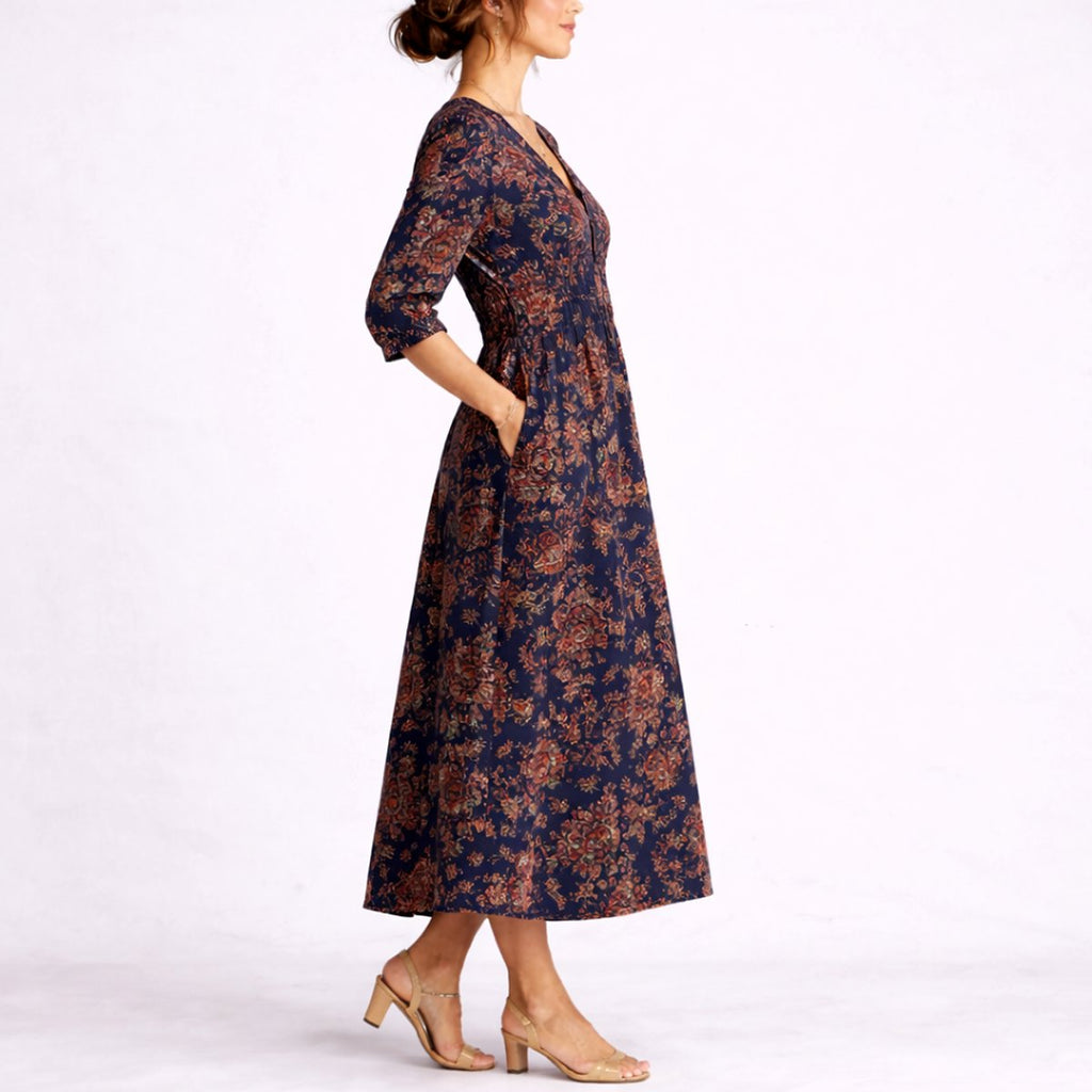 Women's Floral Linen Midi Fall Wedding Guest Dress V-Neck A-Line