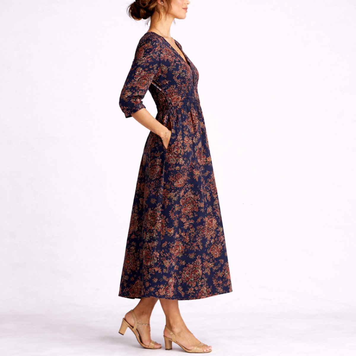 Women's Floral Linen Midi Fall Wedding Guest Dress V-Neck A-Line