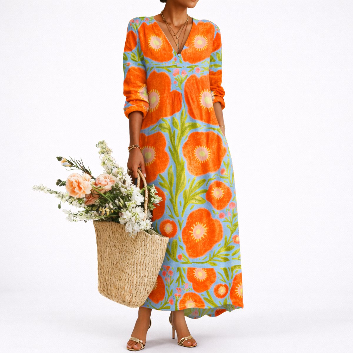Women's Floral Maxi Fall Wedding Guest Dresses Long Sleeve V-Neck - Multicolor