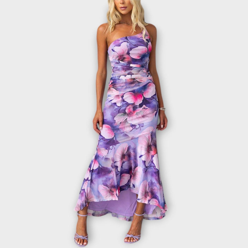 Women's Floral Mesh Asymmetric One-Shoulder Ruched Maxi Dress - Purple