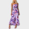 Women's Floral Mesh Asymmetric One-Shoulder Ruched Maxi Dress - Purple