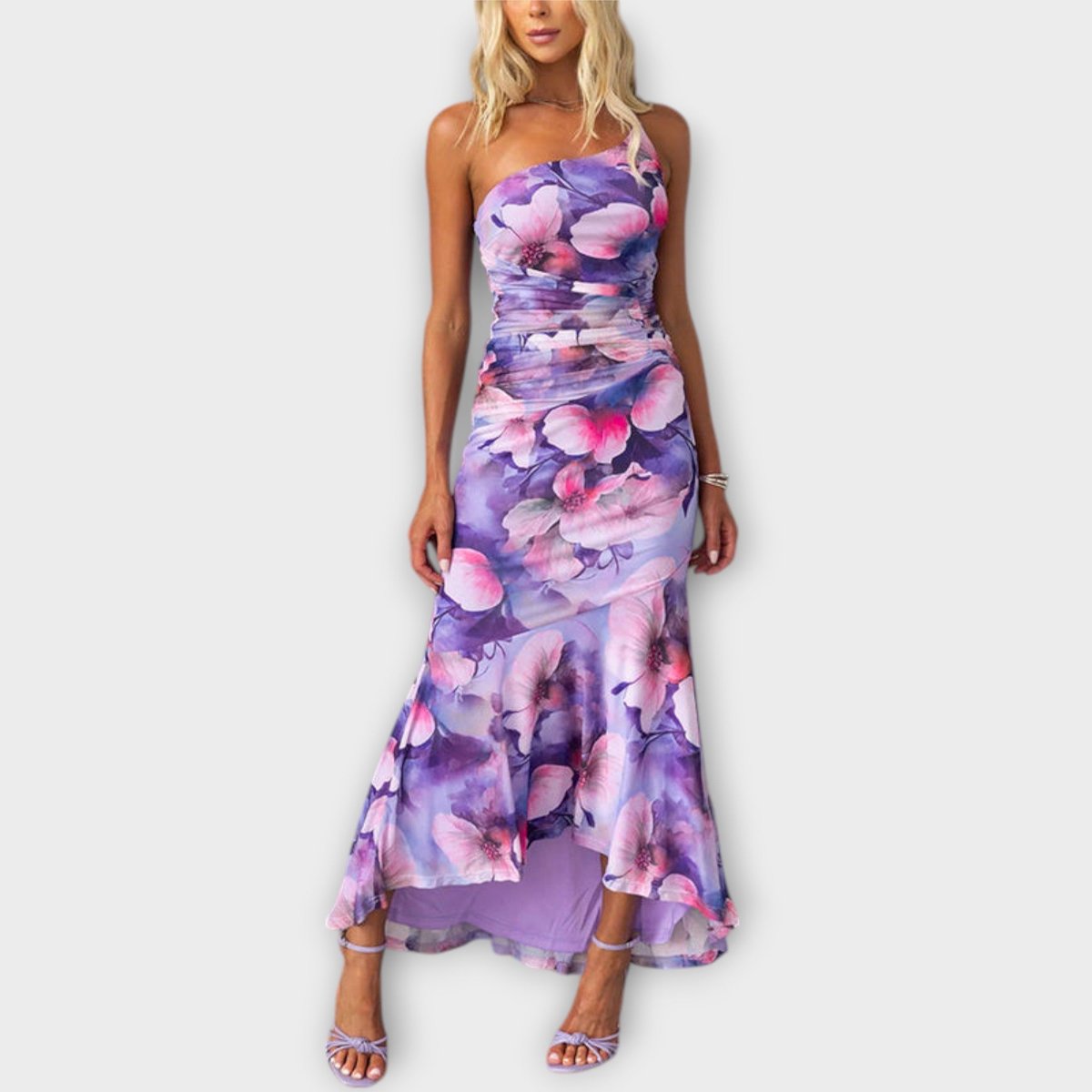 Women's Floral Mesh Asymmetric One-Shoulder Ruched Maxi Dress - Purple