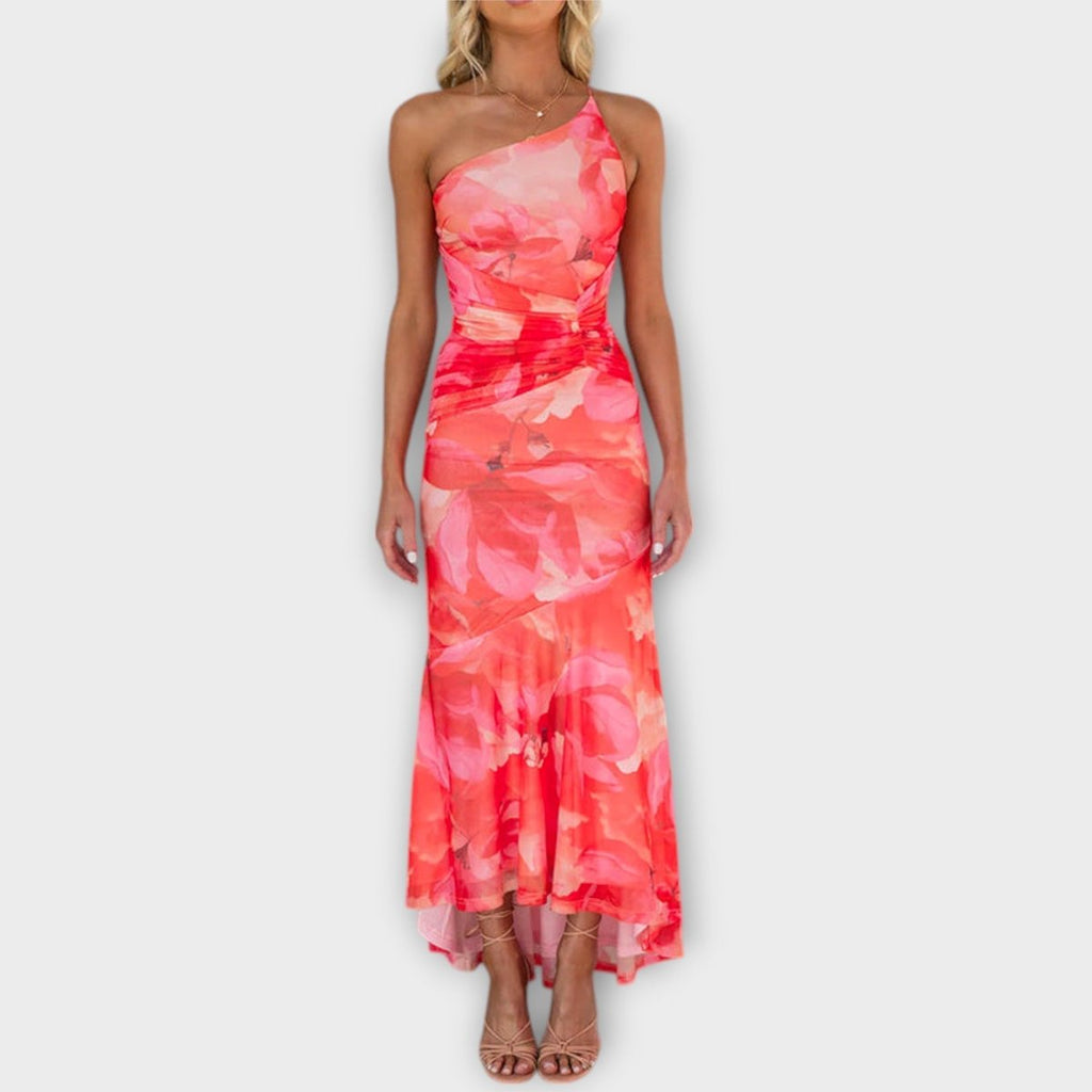 Women's Floral Mesh Asymmetric One-Shoulder Ruched Maxi Dress