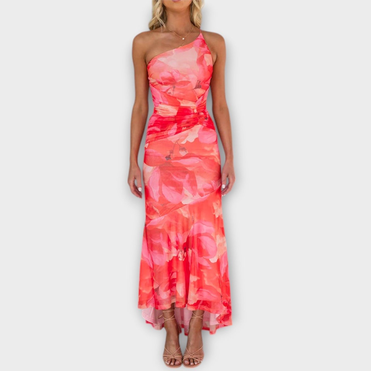 Women's Floral Mesh Asymmetric One-Shoulder Ruched Maxi Dress