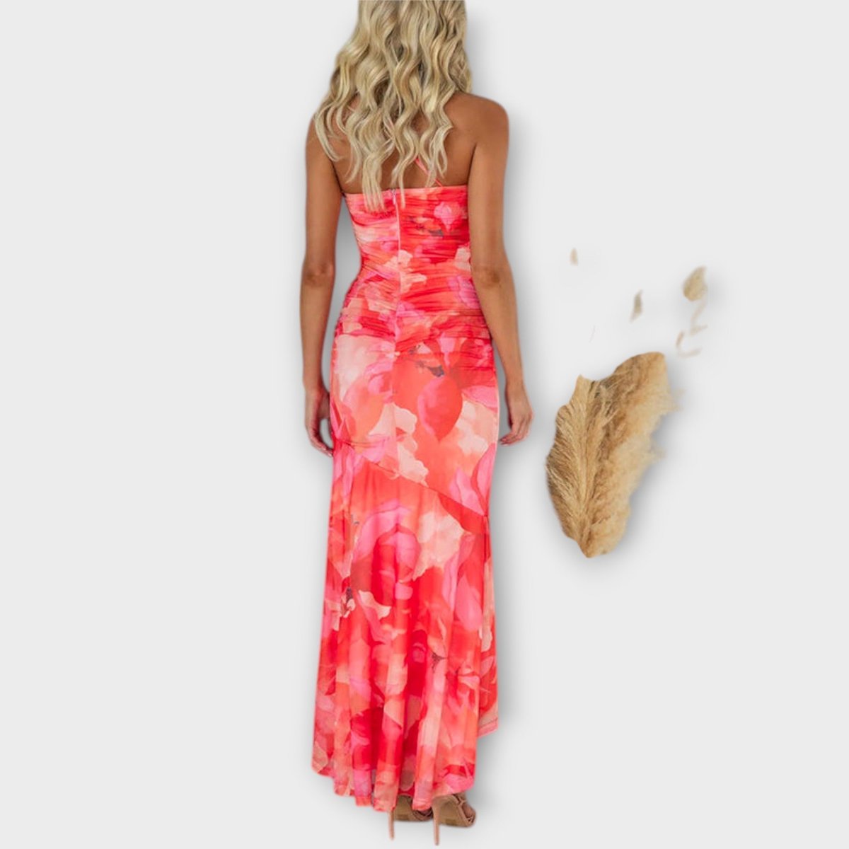 Women's Floral Mesh Asymmetric One-Shoulder Ruched Maxi Dress