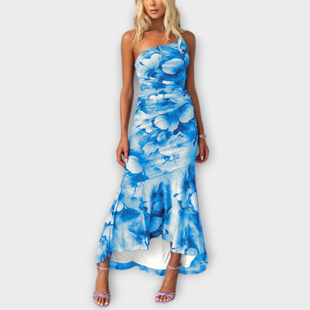 Women's Floral Mesh Asymmetric One-Shoulder Ruched Maxi Dress - Blue