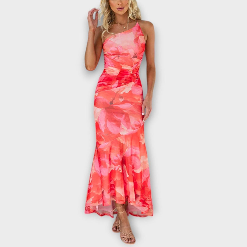 Women's Floral Mesh Asymmetric One-Shoulder Ruched Maxi Dress - Pink