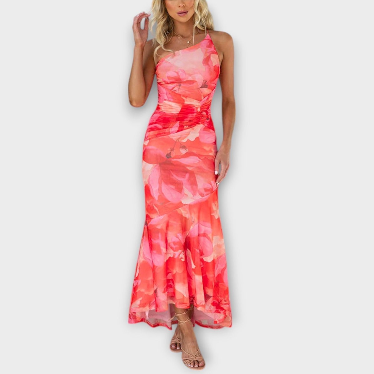 Women's Floral Mesh Asymmetric One-Shoulder Ruched Maxi Dress - Pink