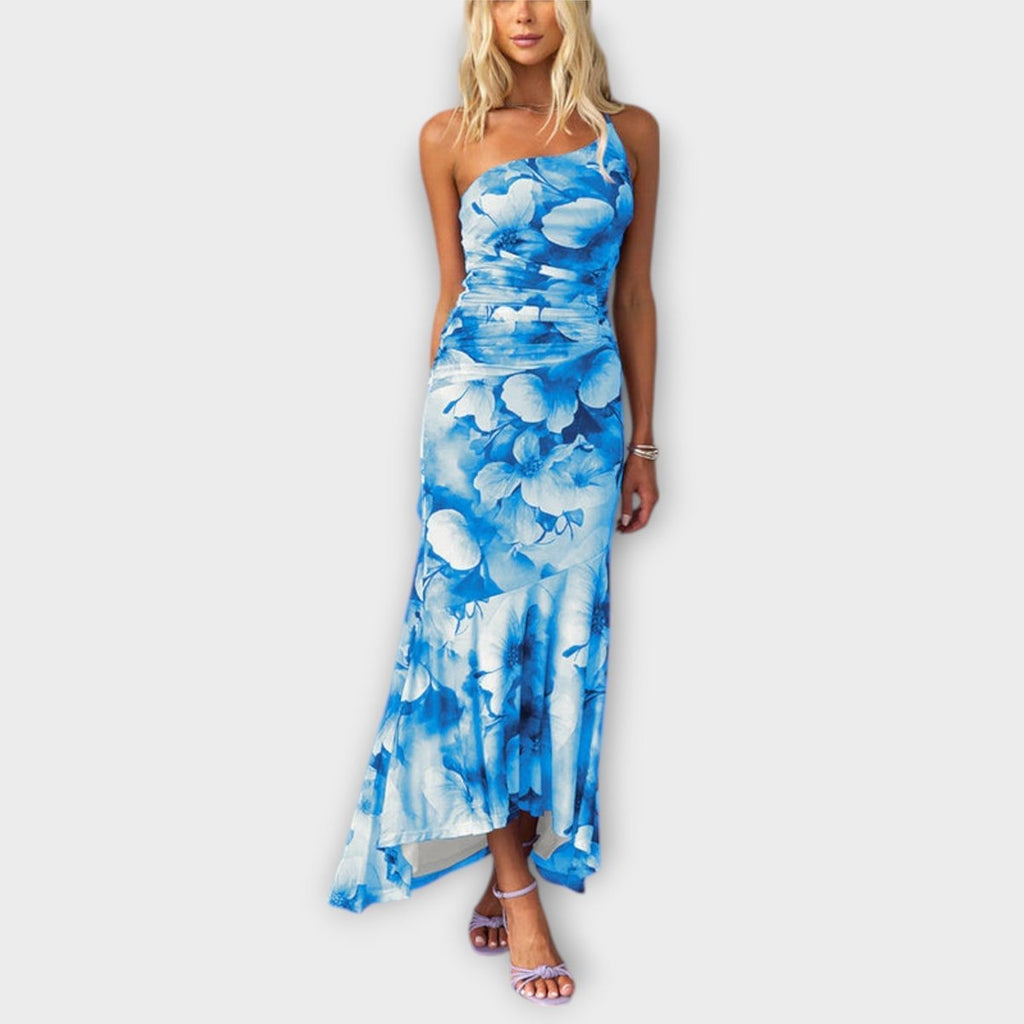 Women's Floral Mesh Asymmetric One-Shoulder Ruched Maxi Dress