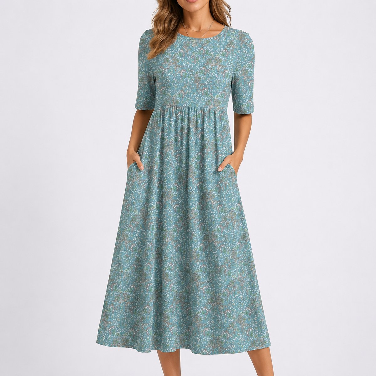 Women's Floral Midi Fall Wedding Guest Dress Puff-Sleeve A-Line