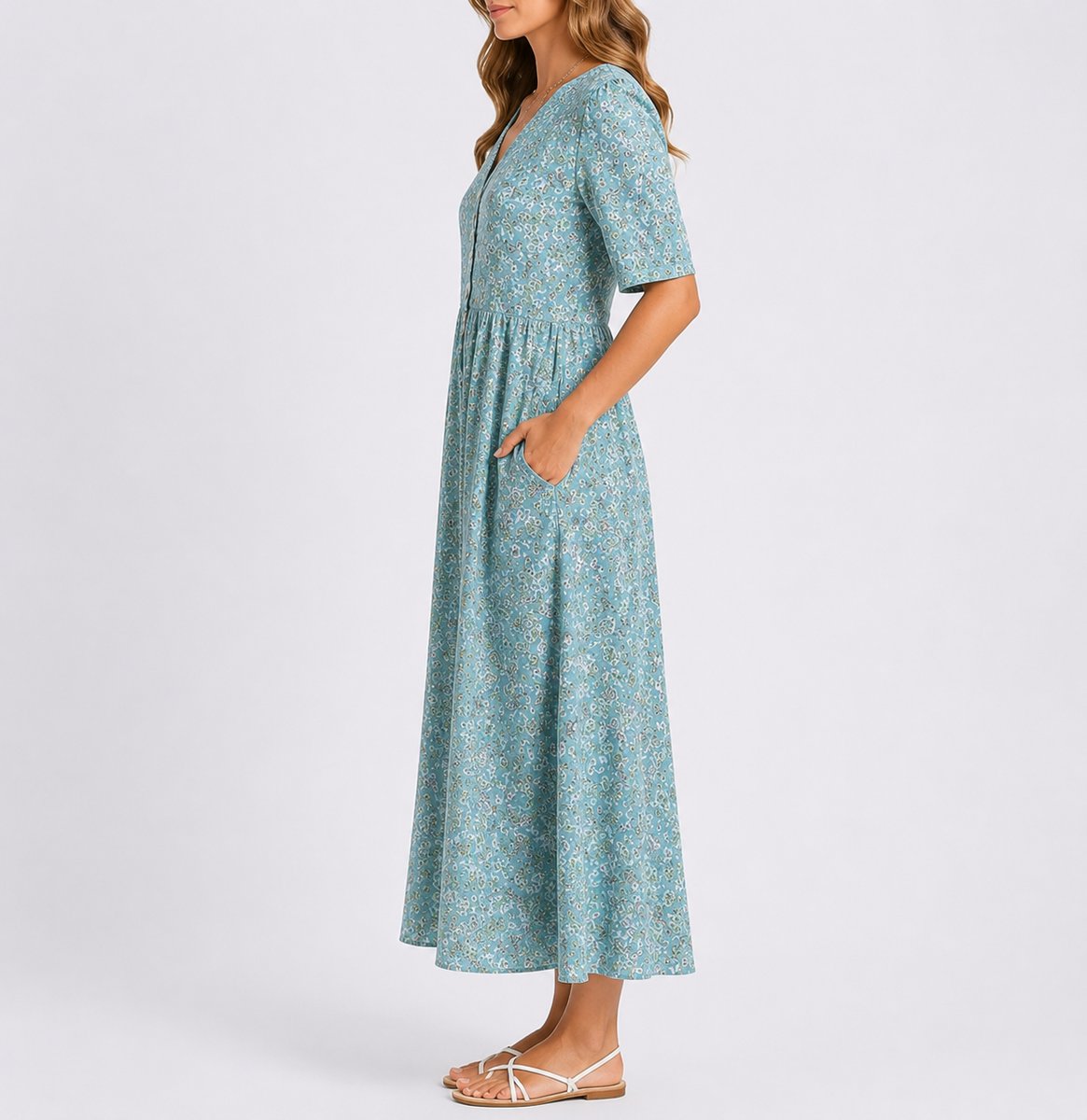 Women's Floral Midi Fall Wedding Guest Dress Puff-Sleeve A-Line