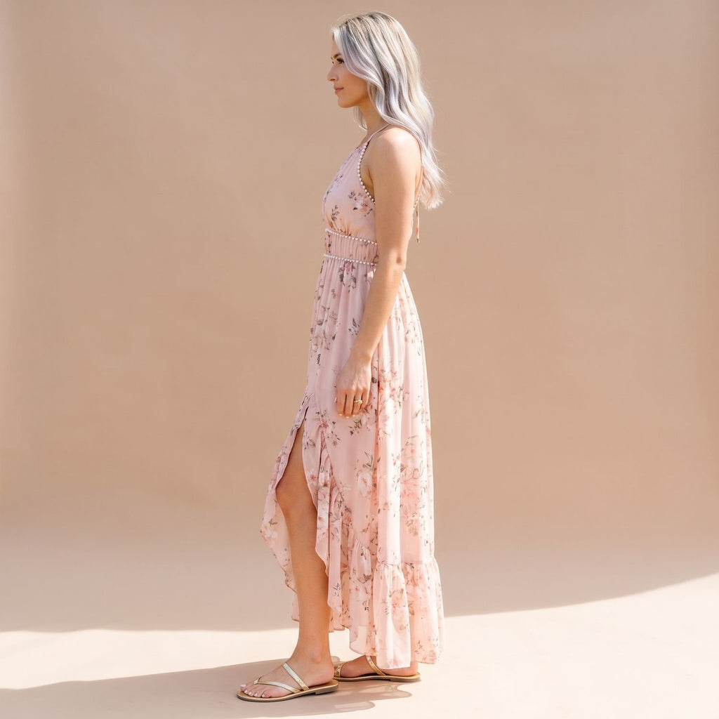 Women's Floral Pearl-Trim Halter Ruffle Maxi Dress
