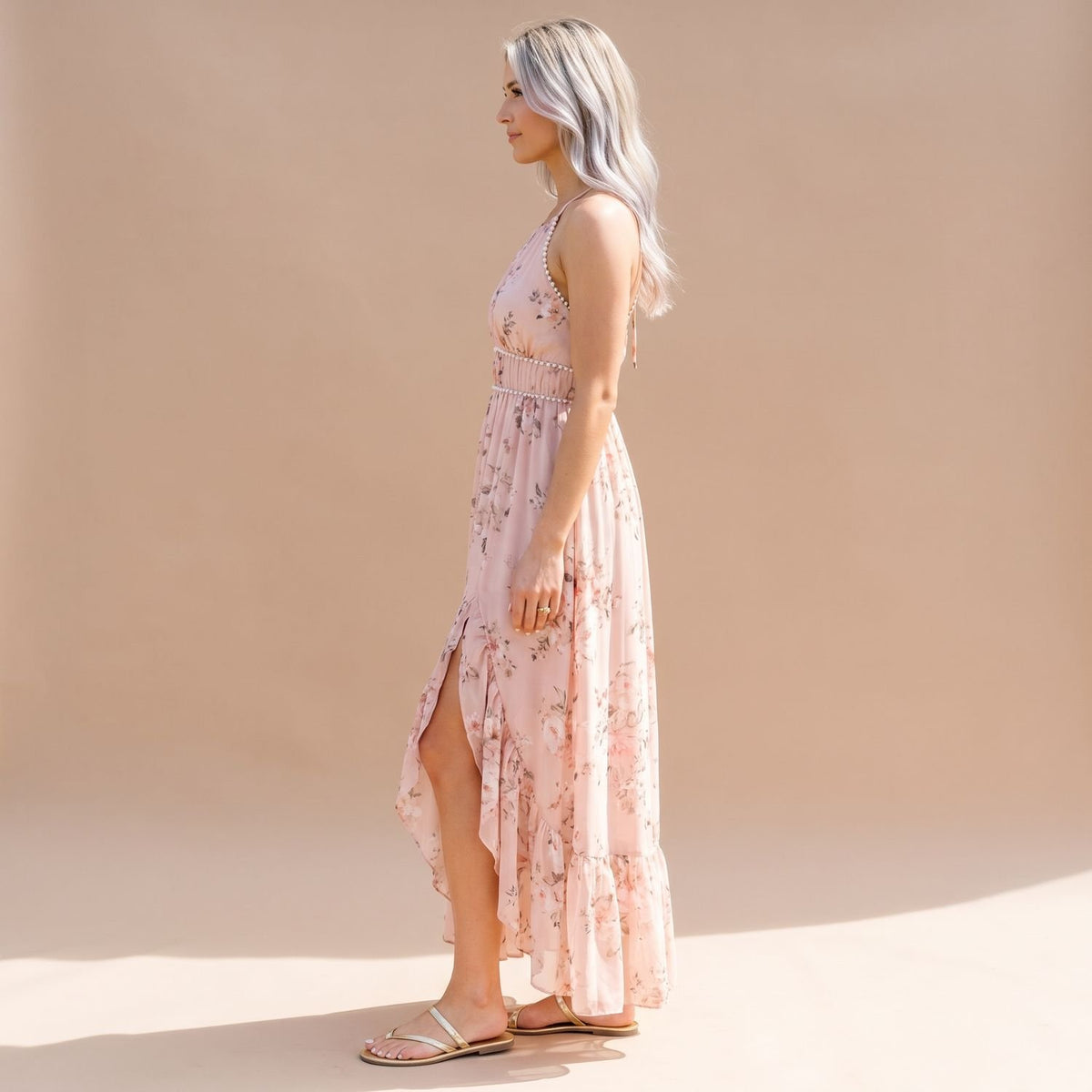 Women's Floral Pearl-Trim Halter Ruffle Maxi Dress