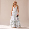 Women's Floral Pearl-Trim Halter Ruffle Maxi Dress - White