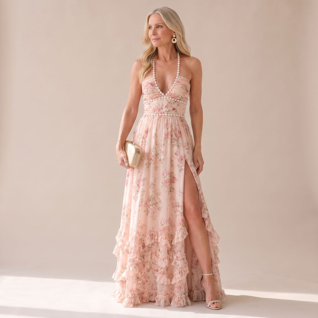 Women's Floral Pearl-Trim Halter Ruffle Maxi Dress - Pink