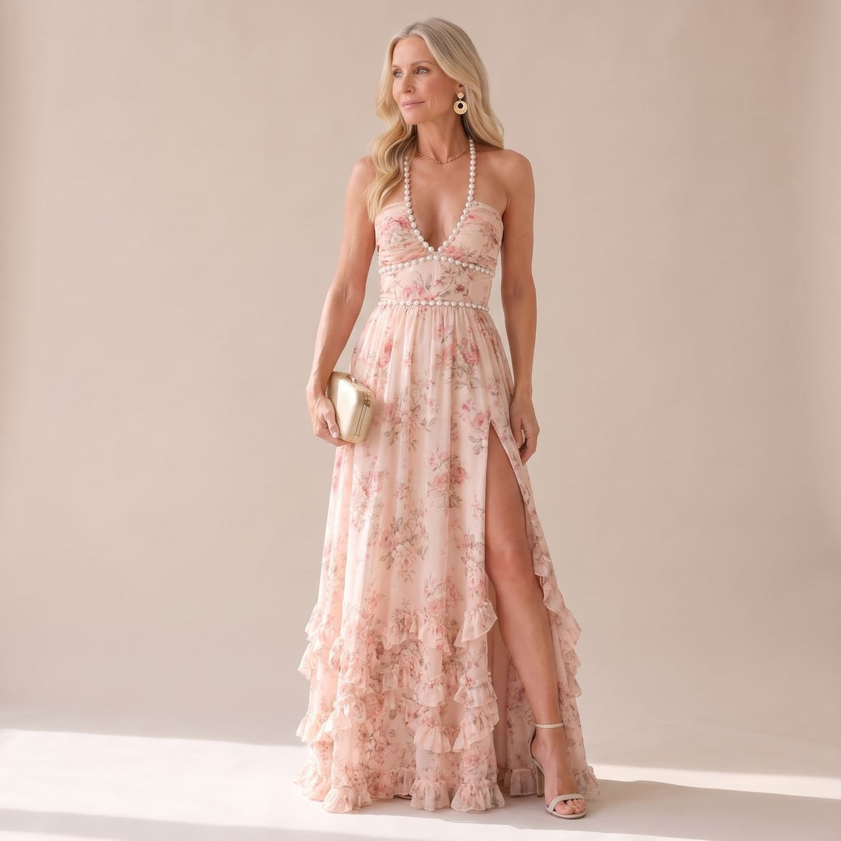 Women's Floral Pearl-Trim Halter Ruffle Maxi Dress - Pink
