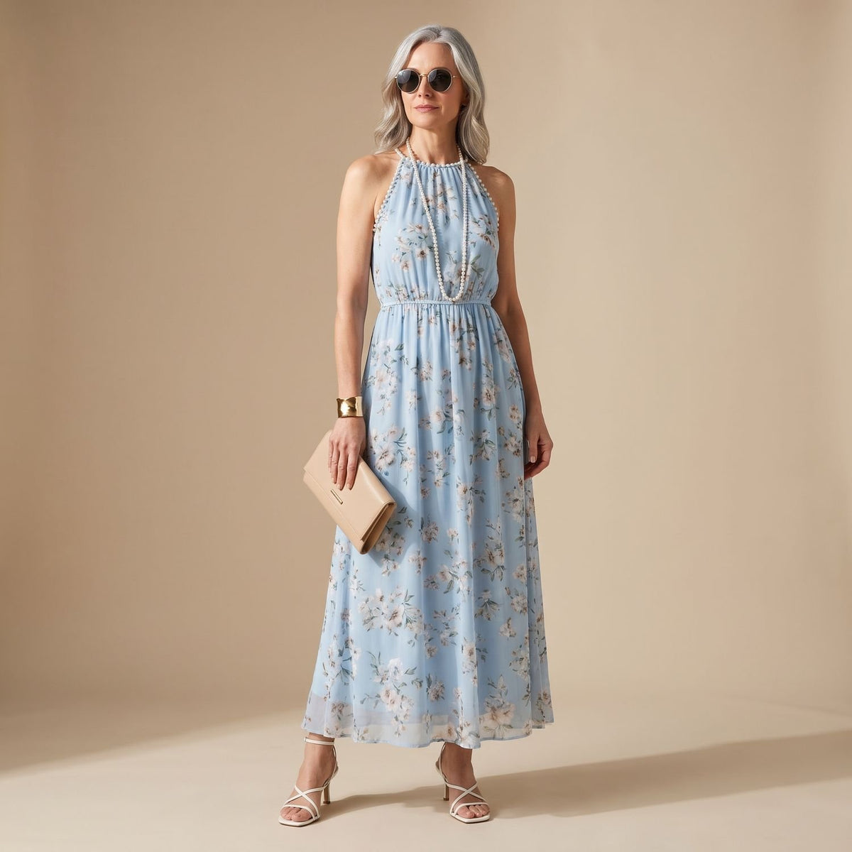 Women's Floral Pearl-Trim Halter Ruffle Maxi Dress