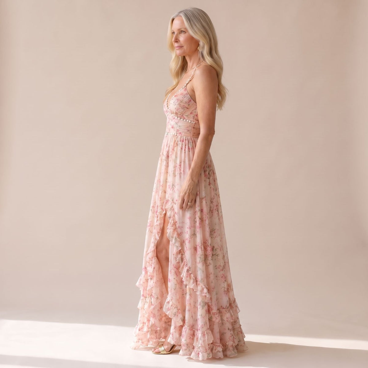 Women's Floral Pearl-Trim Halter Ruffle Maxi Dress