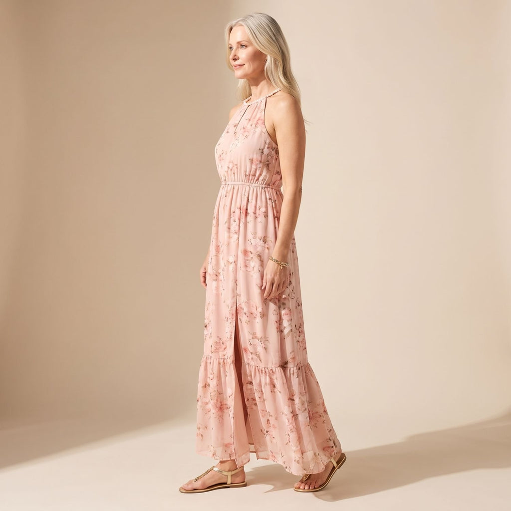 Women's Floral Pearl-Trim Halter Ruffle Maxi Dress