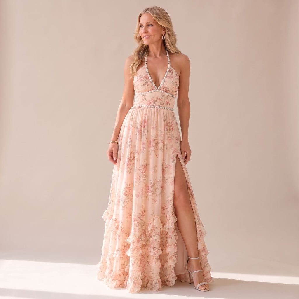 Women's Floral Pearl-Trim Halter Ruffle Maxi Dress